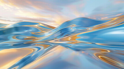 A depiction of an azure wave with a golden undertone, gliding elegantly in an abstract pattern. The...