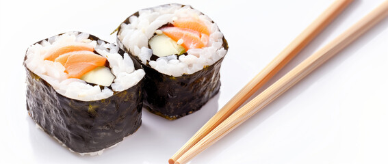Sushi with chopsticks isolated on white background, flat lay, studio lighting