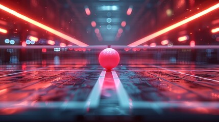 Futuristic 2D illustration for a ping-pong event poster, featuring sleek technology-inspired design elements and futuristic lighting effects. High-tech graphics and bold typography create