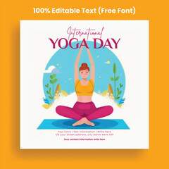international yoga day social media post and instagram post banner editable template with yoga girl flat illustration background