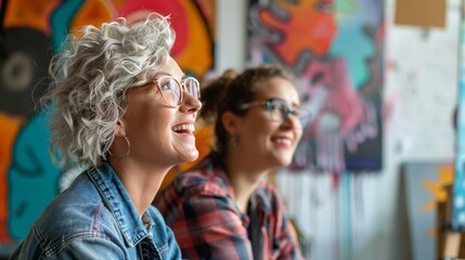 Obraz premium Two smiling women, one with curly gray hair, in glasses, looking up in a colorful art studio.
