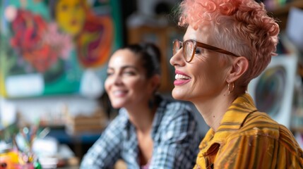 Two smiling women, one with pink hair, in a vibrant art studio filled with colorful paintings.