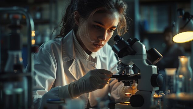 Female scientist working in the lab using a microscope.