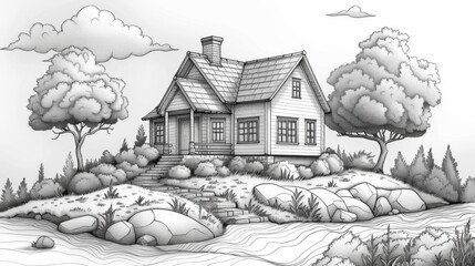 House with crystal walls and a magical garden Continuous thin line drawing. illustration.