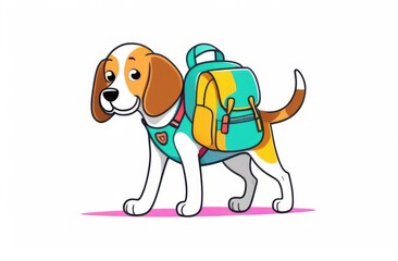 Funny portrait of a beagle dog in a school backpack on a white background