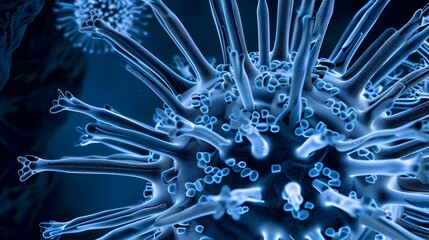 Detailed Microscopic View of Intricate Viral Structure with Spiky Proteins