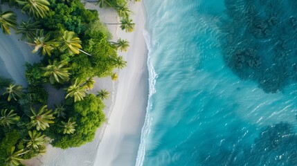 A stunning aerial photograph of a tropical beach with turquoise water, white sand, and lush palm trees.