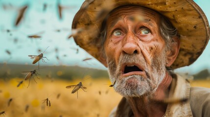 An elderly agriculturist stares in shock as locusts swarm around him in a field.