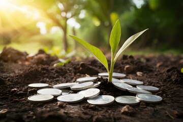 Emerging plant among coins, sunlight filters through trees, symbolizing contrast between growth and wealth