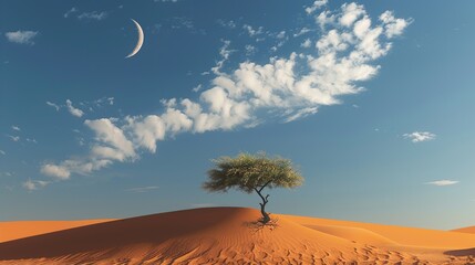 A full moon is rising over a lonely tree in the desert. There are clouds in the sky and stars twinkling. The ground is covered in sand. - obrazy, fototapety, plakaty