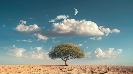 A full moon is rising over a lonely tree in the desert. There are clouds in the sky and stars twinkling. The ground is covered in sand. - obrazy, fototapety, plakaty