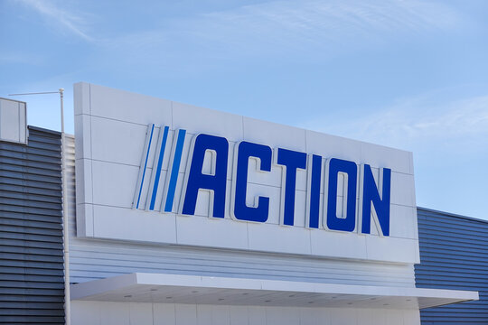Finestrat, Spain - April 9, 2024: Action store with logo sign board hanging above entrance door. Action is fastest growing non-food discounter in Europe, Dutch international discount store chain