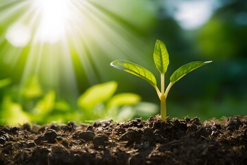 New plant sprouts in fertile soil, surrounded by greenery, glowing in sunlight, symbolizing growth and renewal