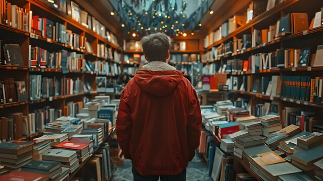 This Bookworm's haven: Man immersed in the bookstore's sea of books, a sanctuary for avid readers