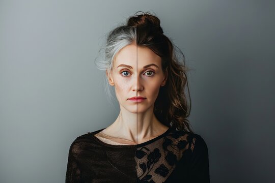 Babyboomer skin care secrets involve managing worry lines and hair color variations to define aging stages with visual contrasts.