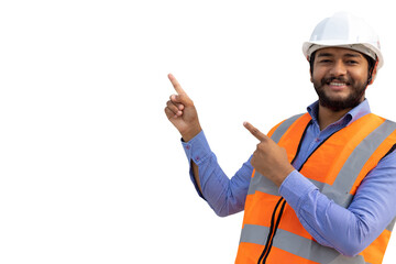 Construction Engineer pointing fingers toward blank copy space for ads png transparent background