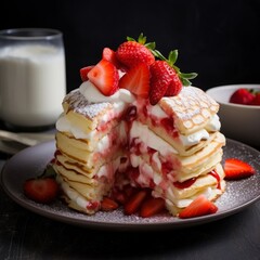 pancakes with strawberries and glass of milk