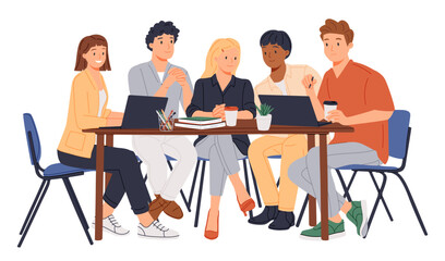 Business Meeting. Vector cartoon illustration in a flat style of group of diverse people leading a discussion