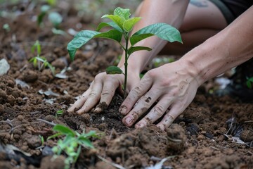 A person is planting a tree in the dirt