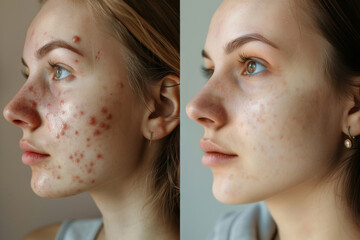 Acne treatment before and after, woman affected and healthy skin closeup, black dots, blackheads