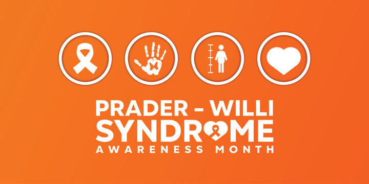 Prader willi Syndrome Awareness Month. Ribbon, hand and more. Great for cards, banners, posters, social media and more. Orange background.