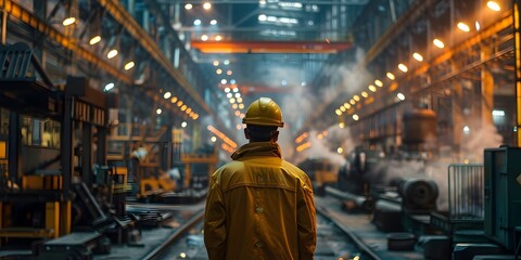 Industrious Worker Standing Amidst Busy Factory Floor with Machinery and Equipment in