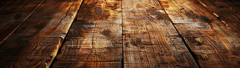 Fototapeta premium Rustic Wooden Tabletop: Close-Up of Textured and Weathered Wooden Tabletop with Natural Grain