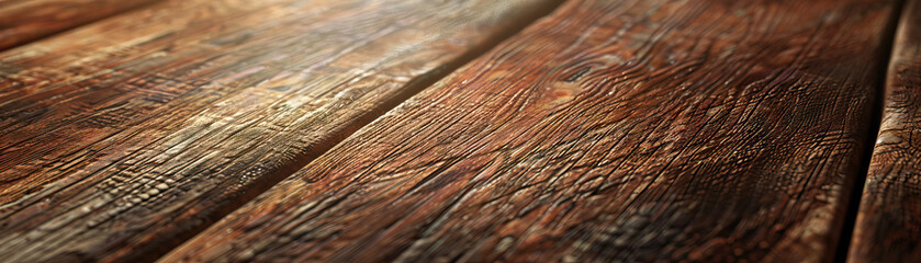 Fototapeta premium Rustic Wooden Tabletop: Close-Up of Textured and Weathered Wooden Tabletop with Natural Grain