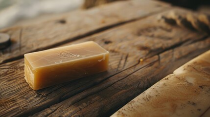 A bar of soap rests on a wooden surfboard made of hardwood, creating a contrast between the natural ingredients of the beach landscape and the manufactured wood material AIG50