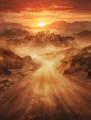 Dirt desert road leading to a ancient city civilization. Vibrant sunset sky. Fictional middle eastern biblical city castle ruins. Arid dry landscape with mountains. Cities such as Jerusalem, Bethlehem