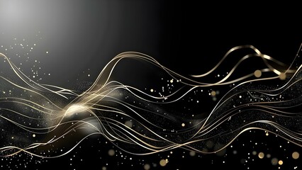 Elegant Design: Black Background with Abstract Liquid Gold Waves and Shiny Bokeh. Concept Abstract, Elegant, Black Background, Liquid Gold Waves, Shiny Bokeh