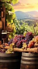 a wooden table covered with grapes and a glass of red wine