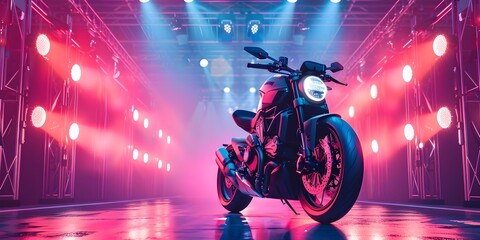 Innovative Motorcycle and Bicycle Fashion Show with Futuristic Neon Lighting and High Tech Gear on Dynamic Urban Stage