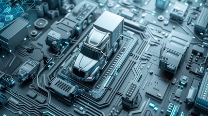 Fototapeta premium Futuristic depiction of a semi-truck on a circuit board, showcasing smart transportation.