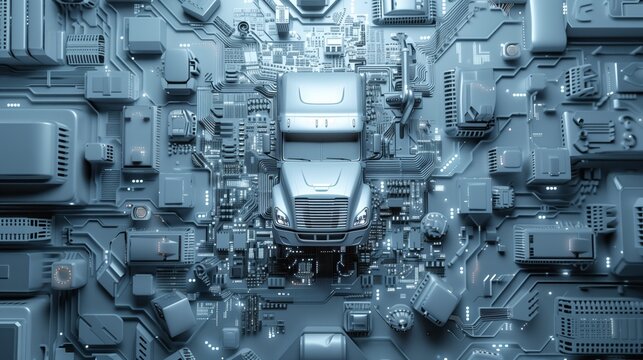 Detailed blue-tone high-tech image featuring a truck on a circuit board landscape.