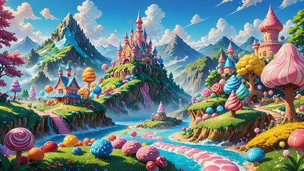 Obraz premium Fantasy of a Candyland with vibrant colors and whimsical characters