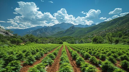 Fototapeta premium Scenic mountain vistas provide the perfect backdrop for an expansive cannabis plantation, illustrating the thriving cannabis industry in natural settings. 