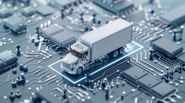 Detailed concept image of a white semi-truck on a circuit board representing logistics in technology.