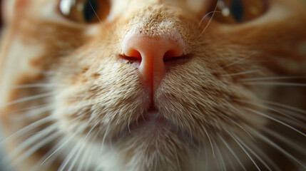Close-up image of an orange tabby cat's nose and whiskers with visible texture and detail.