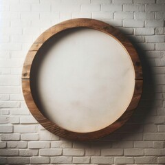 circle wooden frame on brick wall