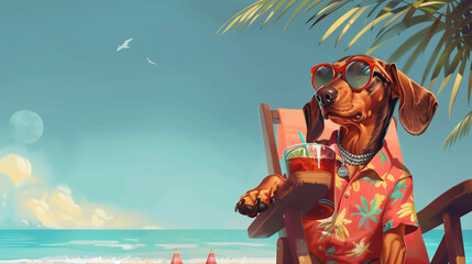 dog on the beach with cup of juice bearings in hands, swag
