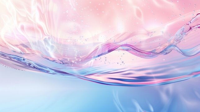 Vibrant abstract image featuring dynamic pink and blue waves and flowing water with sparkling droplets against a soft background.
