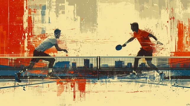 Stylized 2D illustration of a ping-pong match on a sleek and modern poster design. Bold typography and minimalist artwork convey the fast-paced action and competitive spirit of the game. 