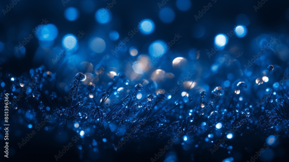 Poster cluster of tiny blue lights against a dark, out-of-focus background. The lights are glowing brightly, creating a mesmerizing effect. The background is a deep navy blue, with no visible details.
