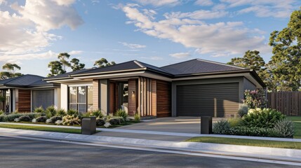 Design a 3D render showcasing a modern, isolated residence with distinctive wooden features and an attached garage - obrazy, fototapety, plakaty
