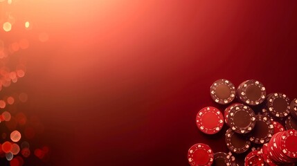 A collection of scattered casino chips on a vibrant red background with soft focus and light bokeh.