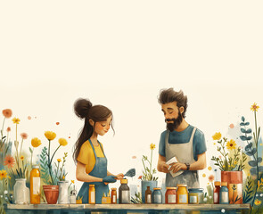 Young couple with flowers. A man and a woman transplanting indoor plants. Gardening and horticulture. Botany and floristics. Indoor comfort and cosiness. Postcard. Banner. For notes. Cartoon 
