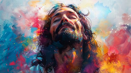 Vibrant artwork featuring Jesus Christ in worship, with a colorful watercolor background. The background offers a visually appealing setting for the scene.