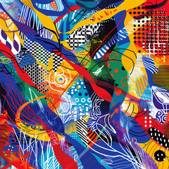 Vibrant abstract background, doodle lines mingled with patterns inspired by national flags and emblems