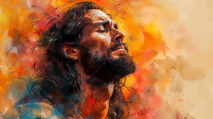 Vibrant vector artwork featuring Jesus Christ in worship, with a warm orange watercolor background. Plenty of space for text or other design elements. 